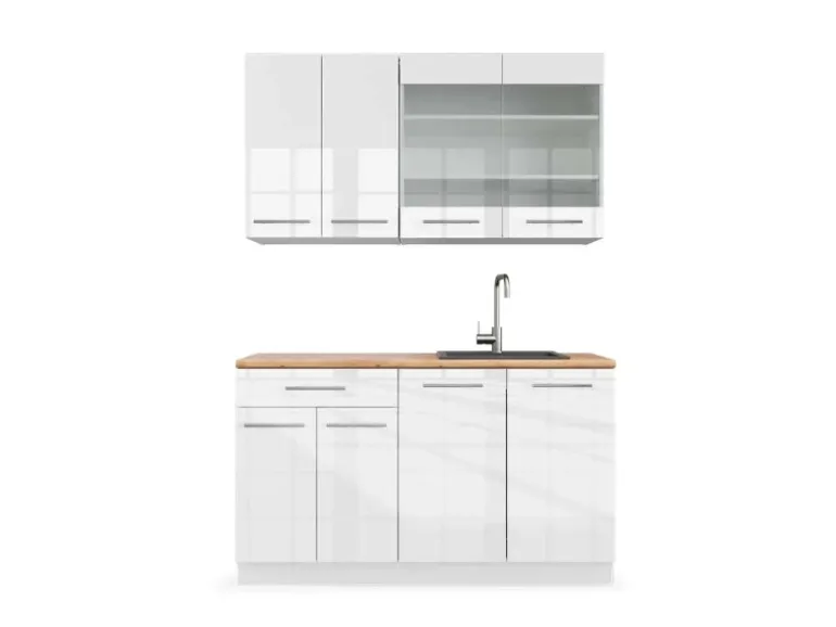 Vicco Fame-Line Singleküche Weiß Hochglanz/Weiß 140 cm AP Eiche ohne E-Geräte