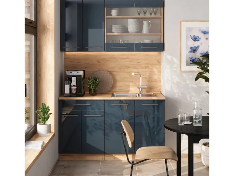 Vicco Fame-Line Singleküche Dunkelblau Hochglanz/Goldkraft Eiche 140 cm AP Marmor ohne E-Geräte