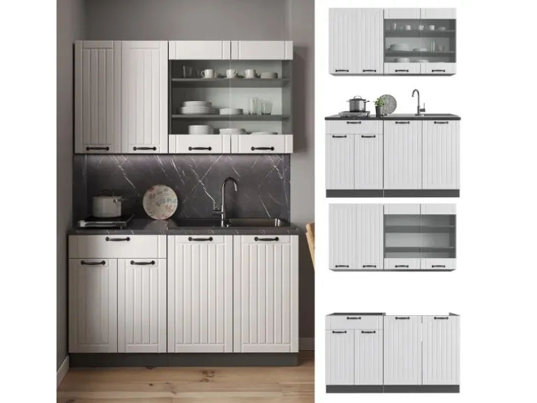 Vicco Fame-Line Singleküche Weiß Landhaus/Anthrazit 140 cm AP Anthrazit ohne E-Geräte