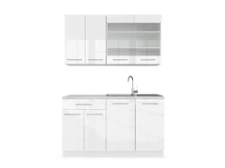 Vicco Fame-Line Singleküche Weiß Hochglanz/Weiß 140 cm AP Marmor ohne E-Geräte