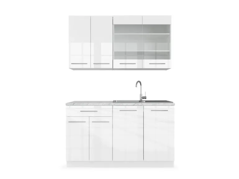Vicco Fame-Line Singleküche Weiß Hochglanz/Weiß 140 cm AP Marmor ohne E-Geräte