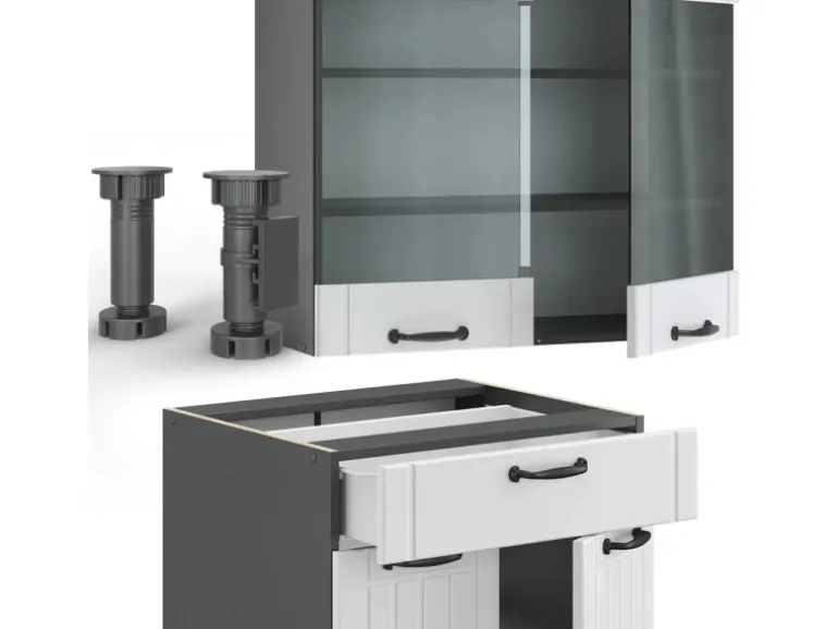 Vicco Fame-Line Singleküche Weiß Landhaus/Anthrazit 140 cm AP Marmor ohne E-Geräte