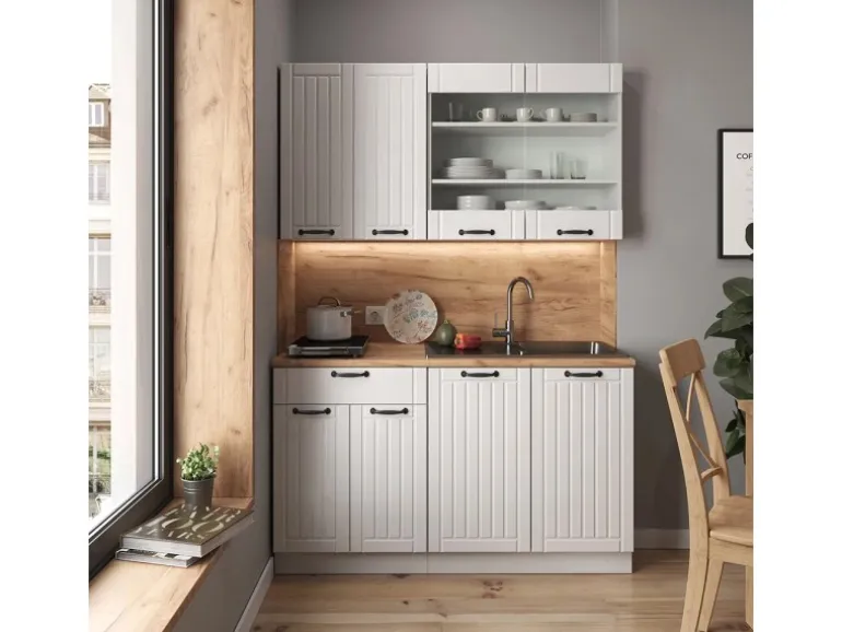 Vicco Fame-Line Singleküche Weiß Landhaus/Weiß 140 cm AP Marmor ohne E-Geräte