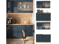 Vicco Fame-Line Singleküche Dunkelblau Hochglanz/Goldkraft Eiche 140 cm AP Eiche ohne E-Geräte