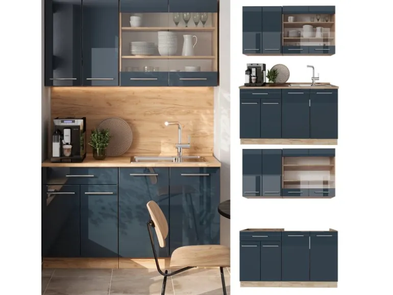 Vicco Fame-Line Singleküche Dunkelblau Hochglanz/Goldkraft Eiche 140 cm AP Eiche ohne E-Geräte