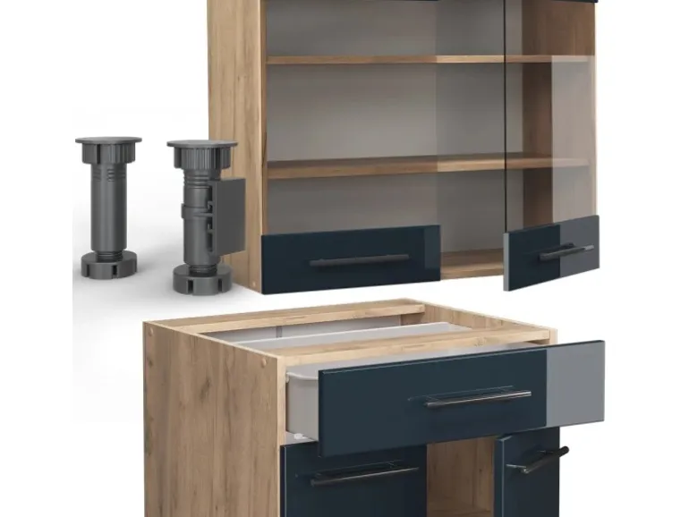 Vicco Fame-Line Singleküche Dunkelblau Hochglanz/Goldkraft Eiche 140 cm AP Eiche ohne E-Geräte