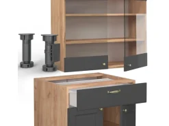 Vicco Fame-Line Singleküche Anthrazit Landhaus/Goldkraft Eiche 140 cm AP Marmor ohne E-Geräte