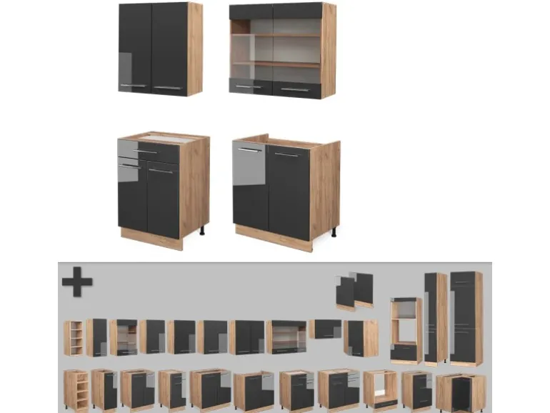 Vicco Fame-Line Singleküche Anthrazit Hochglanz/Goldkraft Eiche 140 cm ohne Arbeitsplatte ohne E-Geräte