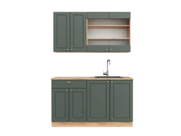 Vicco Fame-Line Singleküche Grün-Gold Landhaus/Goldkraft Eiche 140 cm AP Eiche ohne E-Geräte