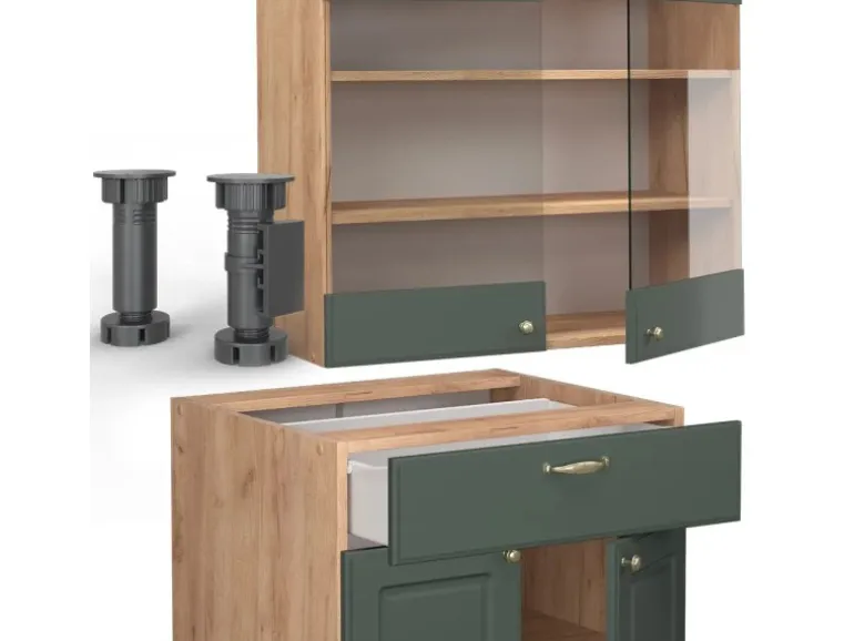 Vicco Fame-Line Singleküche Grün-Gold Landhaus/Goldkraft Eiche 140 cm AP Eiche ohne E-Geräte