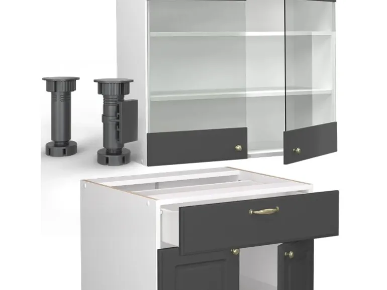 Vicco Fame-Line Singleküche Anthrazit-Gold/Weiß 140 cm AP Marmor ohne E-Geräte