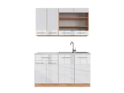 Vicco Fame-Line Singleküche Weiß Hochglanz/Goldkraft Eiche 140 cm AP Marmor ohne E-Geräte