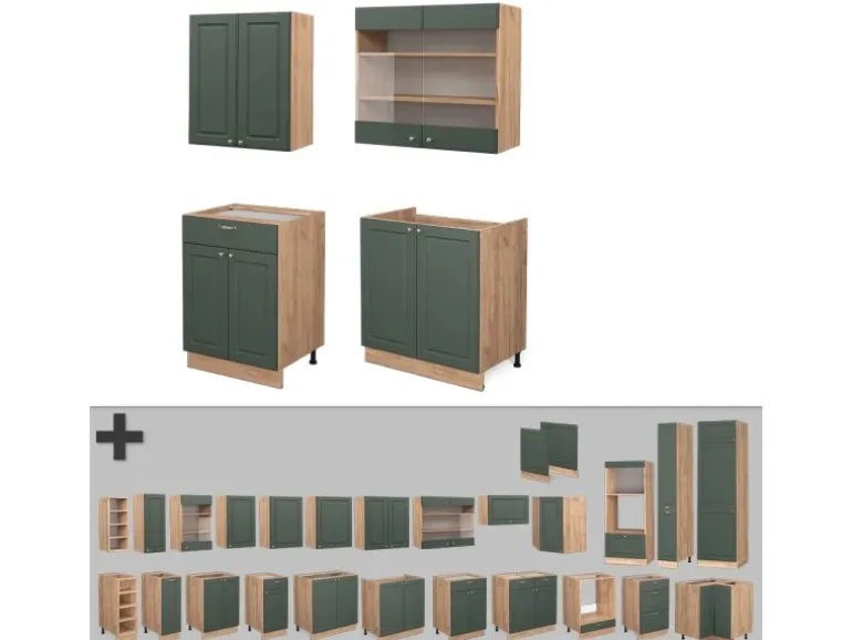 Vicco Fame-Line Singleküche Grün-Gold Landhaus/Goldkraft Eiche 140 cm ohne Arbeitsplatte ohne E-Geräte