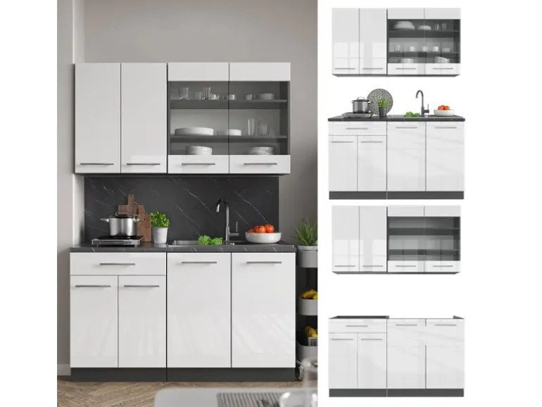 Vicco Fame-Line Singleküche Weiß Hochglanz/Anthrazit 140 cm AP Anthrazit ohne E-Geräte