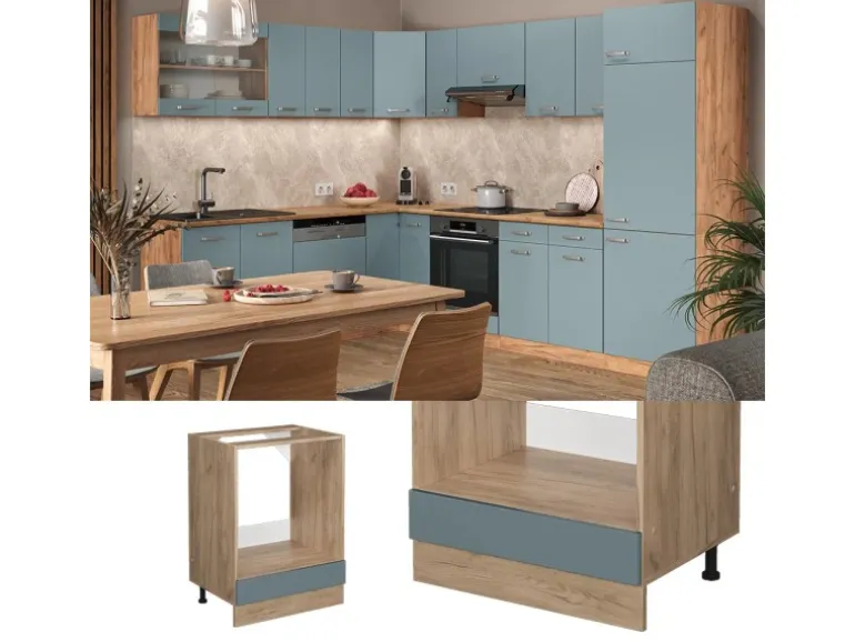 Vicco Herdumbauschrank R-Line Blau-Grau/Goldkraft Eiche 60 cm AP Marmor