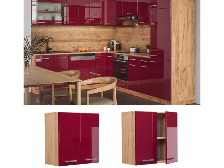 Vicco Hängeschrank R-Line Hängender Küchenschrank Bordeaux Hochglanz/Goldkraft Eiche 60 cm