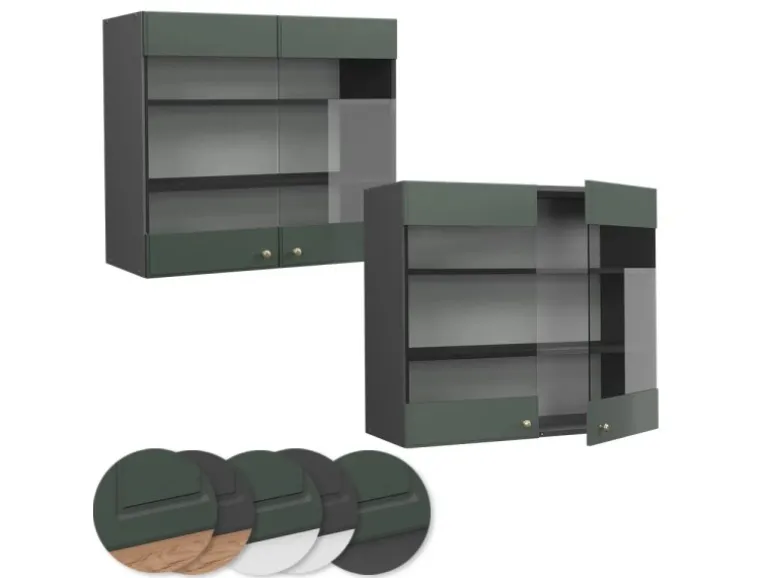 Vicco Küchenglasschrank Fame-Line Glashängeschrank Grün-Gold Landhaus/Anthrazit 80 cm