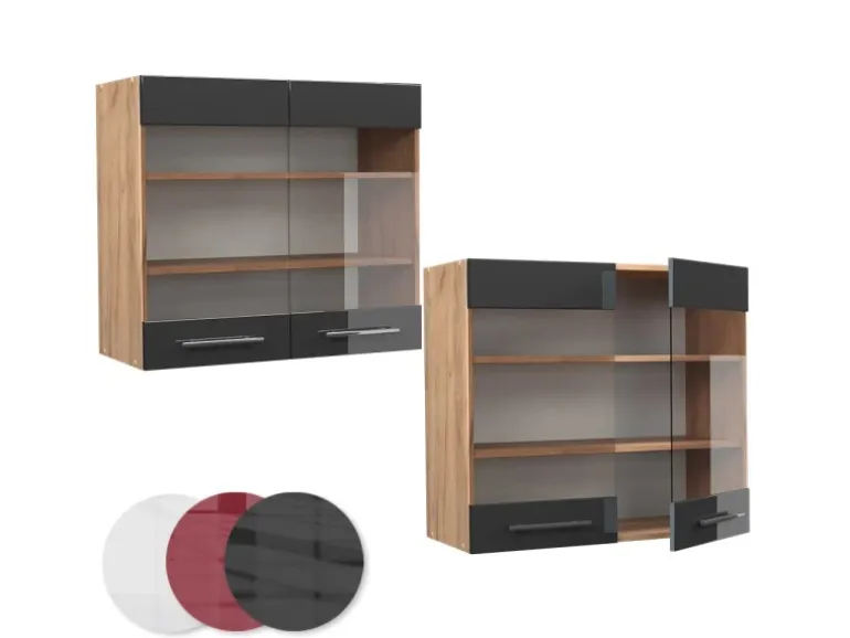 Vicco Küchenglasschrank Fame-Line Anthrazit Hochglanz/Goldkraft Eiche 80 cm