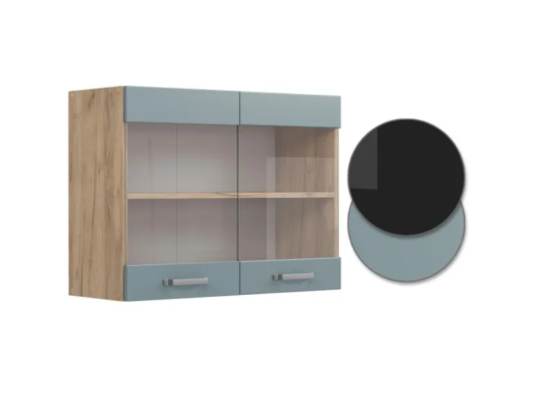 Vicco Küchenglasschrank R-Line Glashängeschrank Blau-Grau/Goldkraft Eiche 80 cm