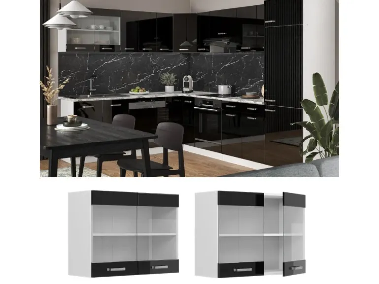 Vicco Küchenglasschrank R-Line Glashängeschrank Schwarz Hochglanz/Weiß 80 cm