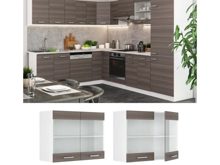 Vicco Küchenglasschrank R-Line Glashängeschrank Grau/Weiß 80 cm