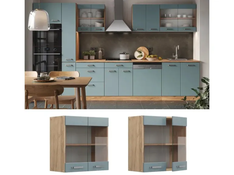 Vicco Küchenglasschrank R-Line Glashängeschrank Blau-Grau/Goldkraft Eiche 60 cm