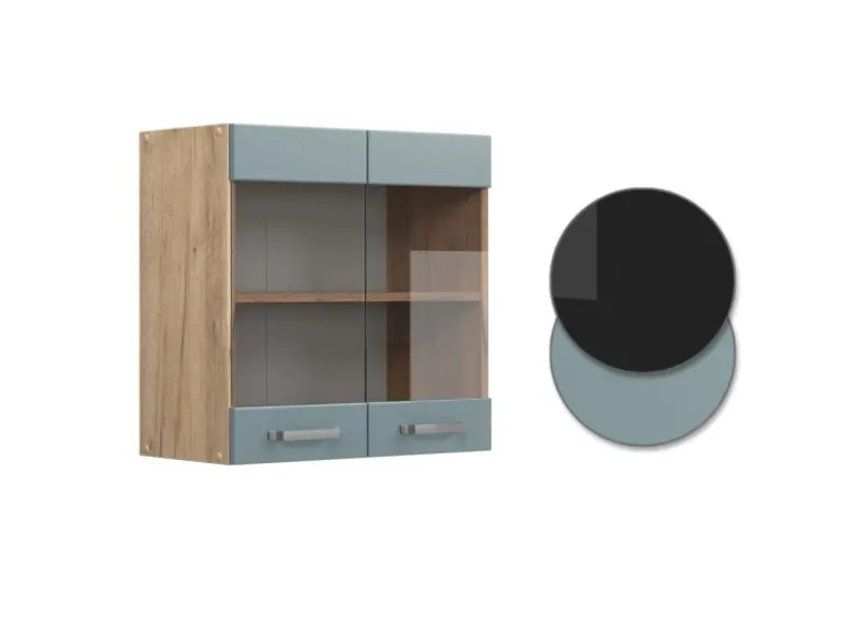 Vicco Küchenglasschrank R-Line Glashängeschrank Blau-Grau/Goldkraft Eiche 60 cm