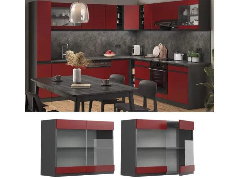 Vicco Küchenglasschrank R-Line Glashängeschrank Rot/Anthrazit 80 cm J-Shape