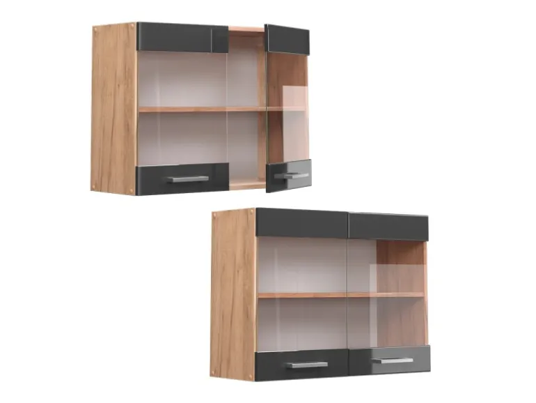 Vicco Küchenglasschrank R-Line Anthrazit Hochglanz/Goldkraft Eiche 80 cm
