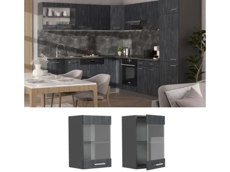 Vicco Küchenglasschrank R-Line Glashängeschrank Schwarz Beton/Anthrazit 40 cm