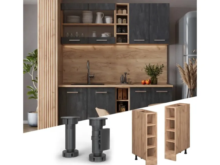 Vicco Küchenregal R-Line Offener Küchenschrank Goldkraft Eiche/Goldkraft Eiche AP Marmor mit Goldkraft Eiche Korpus