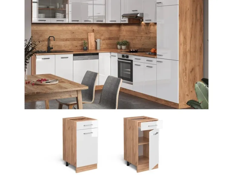 Vicco Küchenschrank R-Line Schubladenschrank für die Küche Weiß Hochglanz 40 cm AP Marmor