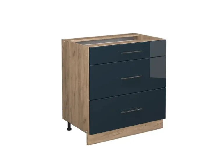 Vicco Küchenunterschrank Fame-Line Dunkelblau Hochglanz/Goldkraft Eiche 80 cm mit 3 Schubladen ohne Arbeitsplatte