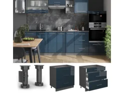 Vicco Küchenunterschrank Fame-Line Dunkelblau Hochglanz/Anthrazit 80 cm mit 3 Schubladen AP Marmor