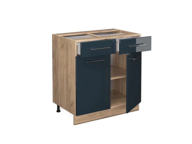 Vicco Küchenunterschrank Fame-Line Dunkelblau Hochglanz/Goldkraft Eiche 80 cm ohne Arbeitsplatte
