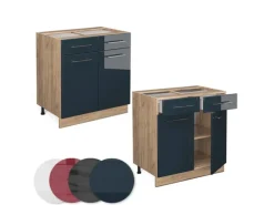 Vicco Küchenunterschrank Fame-Line Dunkelblau Hochglanz/Goldkraft Eiche 80 cm ohne Arbeitsplatte