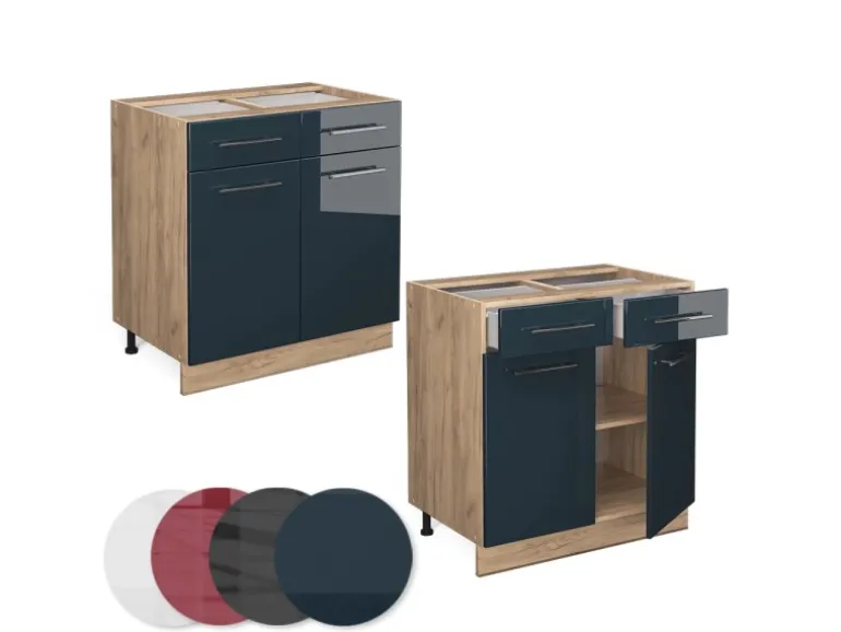 Vicco Küchenunterschrank Fame-Line Dunkelblau Hochglanz/Goldkraft Eiche 80 cm ohne Arbeitsplatte