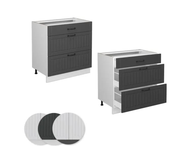 Vicco Küchenunterschrank Fame-Line Anthrazit Landhaus/Weiß 80 cm mit 3 Schubladen AP Eiche