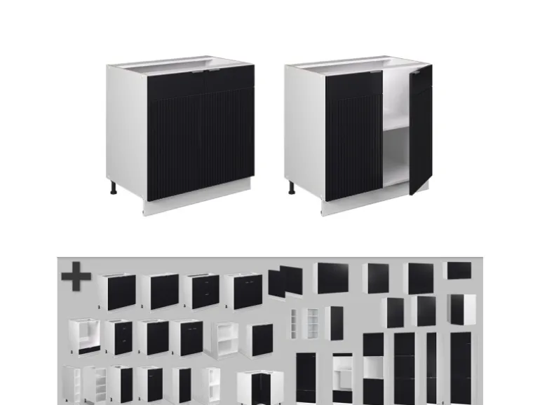 Vicco Küchenunterschrank Fame-Line Schwarz Gestreift 80 cm mit Regal AP Marmor