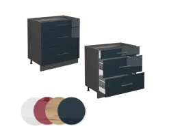 Vicco Küchenunterschrank Fame-Line Dunkelblau Hochglanz/Anthrazit 80 cm mit 3 Schubladen AP Eiche