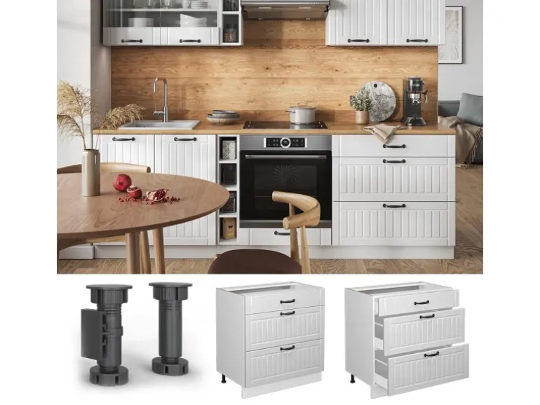 Vicco Küchenunterschrank Fame-Line Weiß Landhaus/Weiß 80 cm mit 3 Schubladen AP Eiche