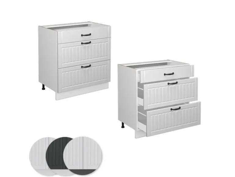 Vicco Küchenunterschrank Fame-Line Weiß Landhaus/Weiß 80 cm mit 3 Schubladen AP Eiche