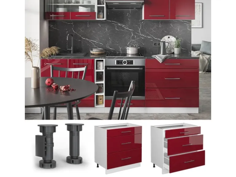 Vicco Küchenunterschrank Fame-Line Bordeaux Hochglanz/Weiß 80 cm mit 3 Schubladen ohne Arbeitsplatte