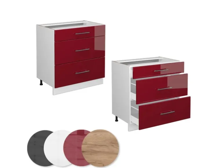 Vicco Küchenunterschrank Fame-Line Bordeaux Hochglanz/Weiß 80 cm mit 3 Schubladen ohne Arbeitsplatte
