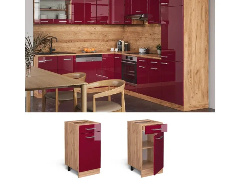Vicco Küchenunterschrank R-Line Schubladenschrank für die Küche Bordeaux Hochglanz 40 cm AP Marmor