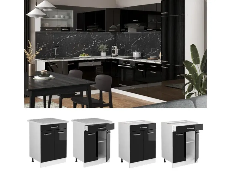 Vicco Küchenunterschrank R-Line Schwarz Hochglanz 60 cm mit Schublade ohne Arbeitsplatte