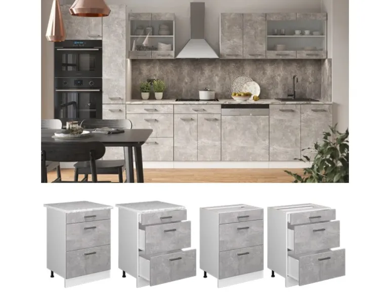 Vicco Küchenunterschrank R-Line Beton/Weiß 60 cm mit Schubladen ohne Arbeitsplatte