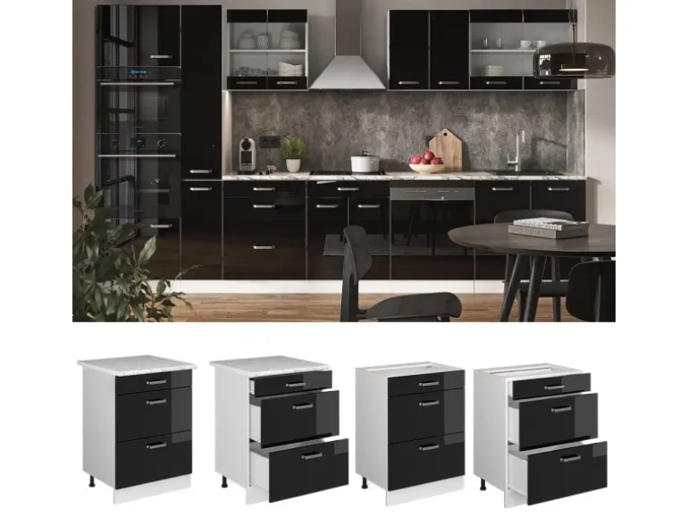 Vicco Küchenunterschrank R-Line Schwarz Hochglanz/Weiß 60 cm mit Schubladen ohne Arbeitsplatte