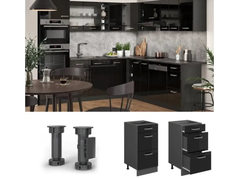 Vicco Küchenunterschrank R-Line Schwarz Hochglanz/Anthrazit 40 cm mit Schubladen AP Anthrazit