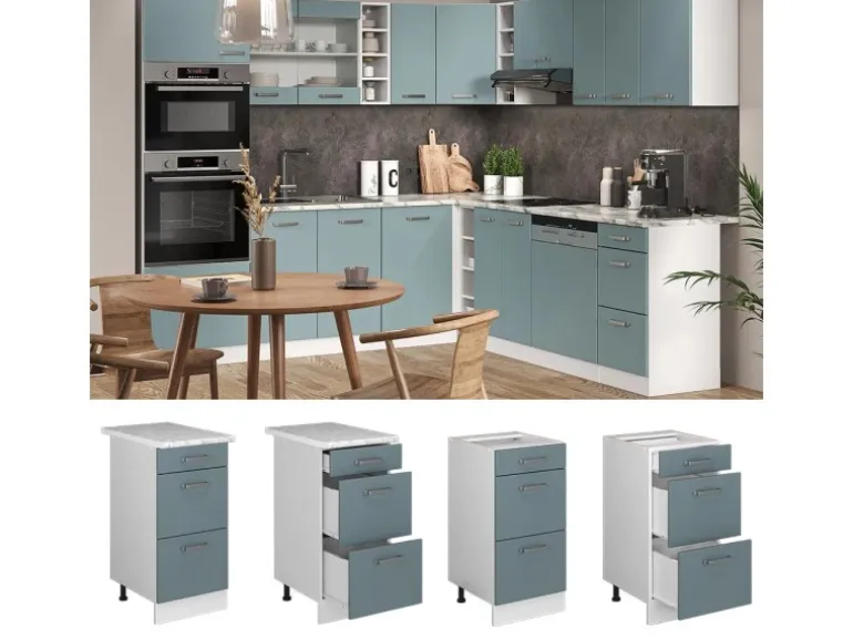 Vicco Küchenunterschrank R-Line Blau-Grau/Weiß 40 cm mit Schubladen ohne Arbeitsplatte